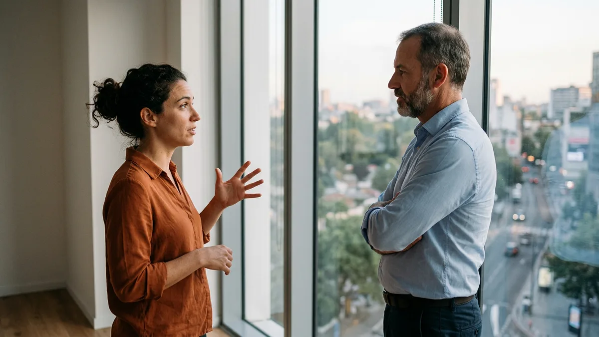 A woman in a burnt orange blouse explaining a point to a bearded colleague in a light blue shirt beside a tall office window