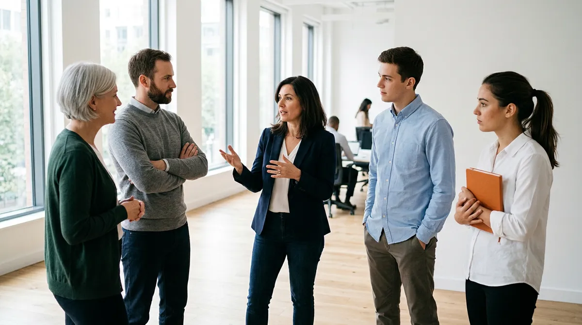 Five colleagues stand in a morning standup in a bright office, a woman in a navy blazer explaining with open hands while a newcomer in a white shirt holds an orange notebook and listens
