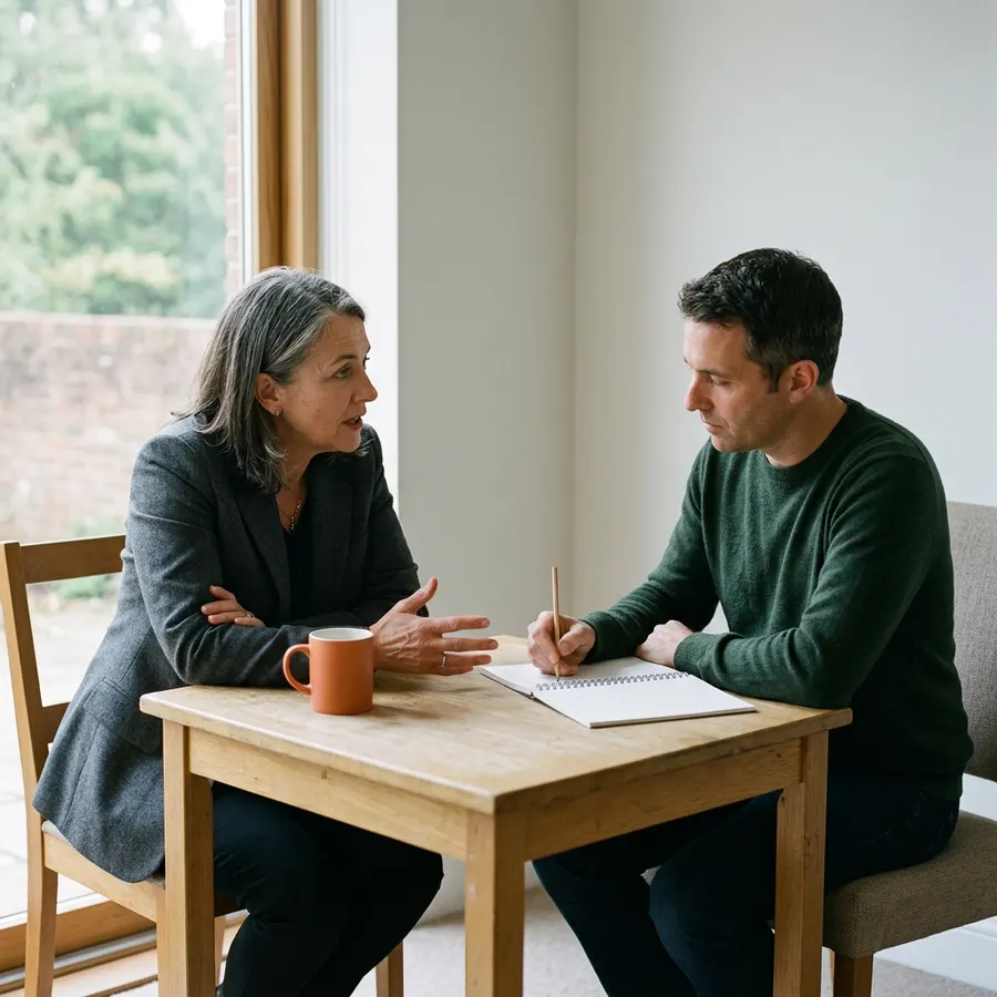 Hiring manager in a charcoal blazer explains her team's data to a recruiter in a green sweater taking notes with a pencil at a small oak table by a window