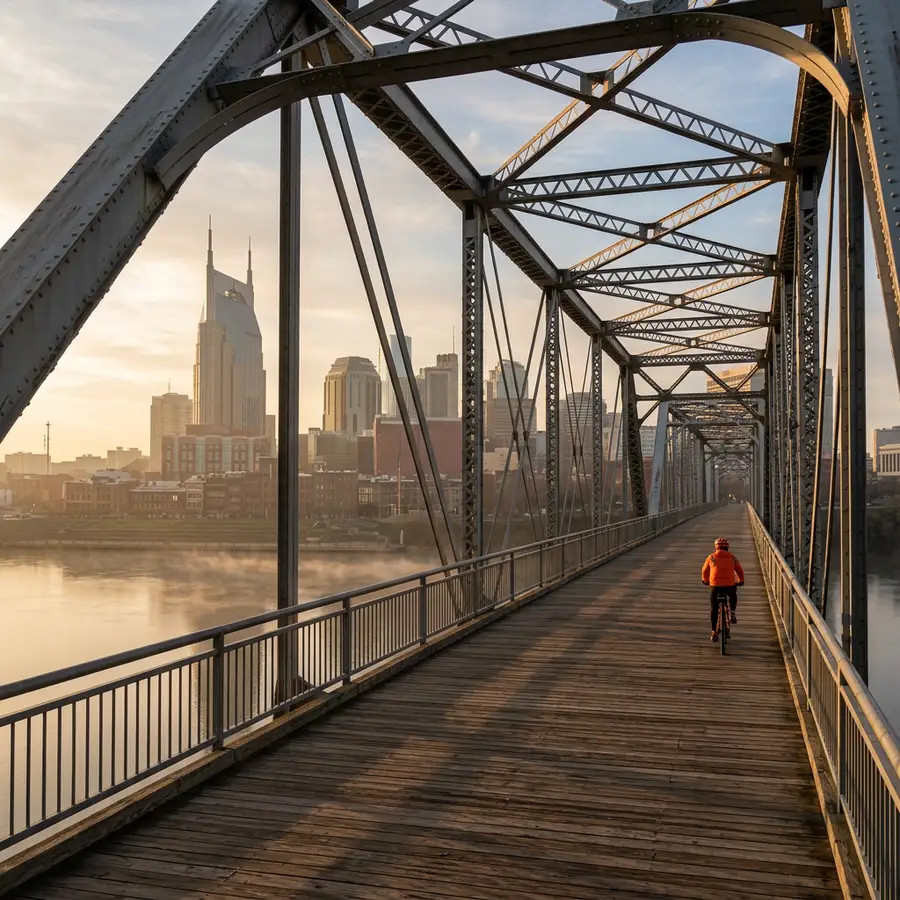 Cyclist in an orange jacket crosses a steel truss pedestrian bridge over the Cumberland River at dawn with the downtown Nashville skyline behind