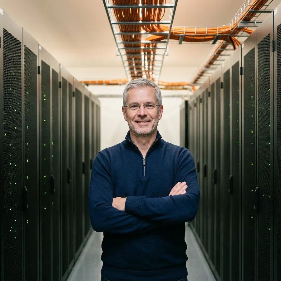 Database administrator in a navy quarter-zip stands with arms folded between rows of server cabinets under a tray of orange network cables