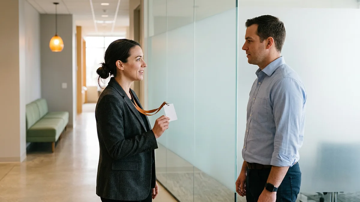 Two data professionals at a glass office partition in St. Louis, one holding a blank access badge on an orange lanyard