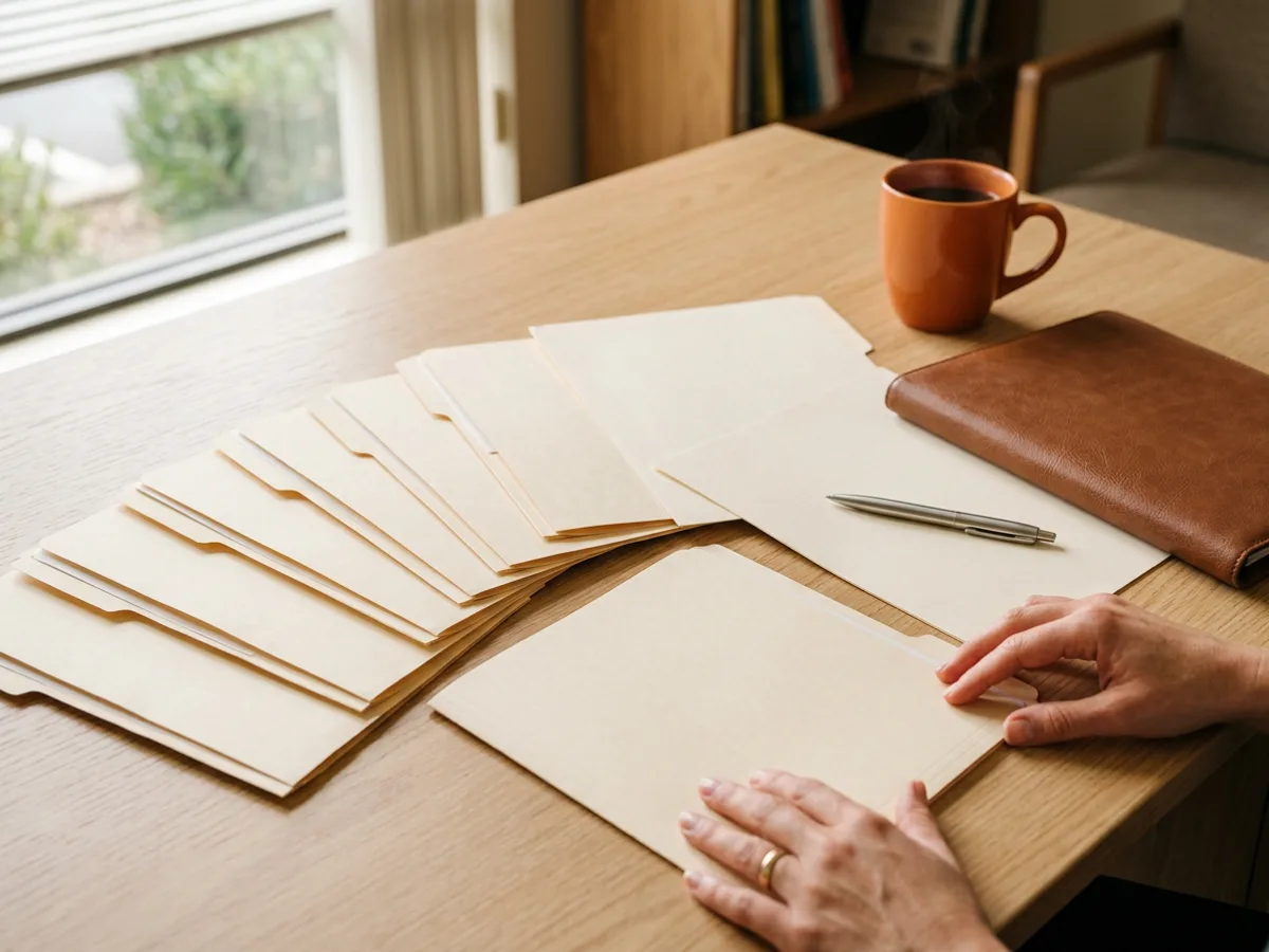 Recruiter arranging printed approval paperwork and manila folders across a desk ahead of a data hire start date
