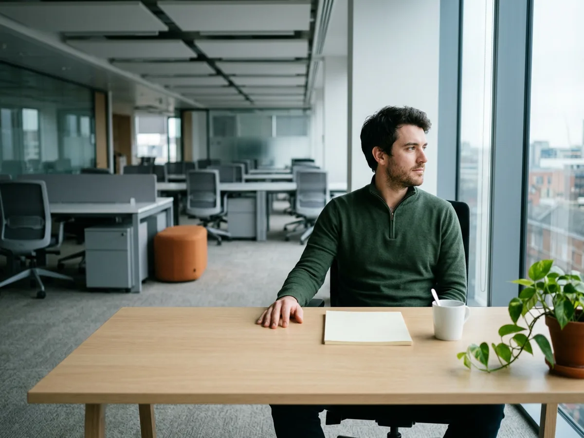 A data analyst sitting alone at a desk with only printed pages and a coffee cup, waiting on system access