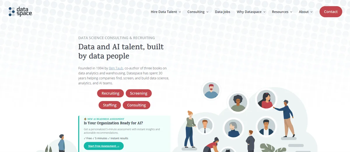 Dataspace homepage showing practitioner-led data science recruiting, ranked number five for 2026