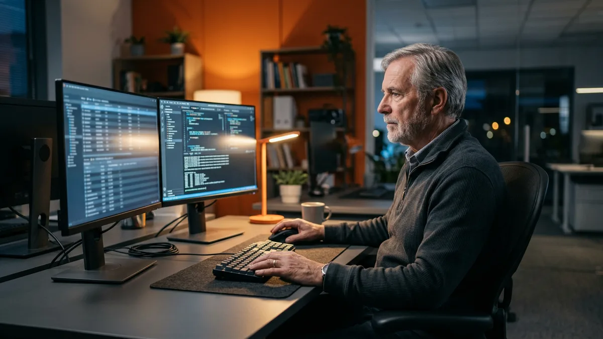 Senior database engineer auditing connection logs on dual monitors to inventory every consumer of a legacy system before shutdown