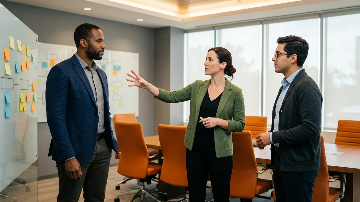 Three contract decommission specialists mapping legacy system consumers and a shutdown kill date at a whiteboard