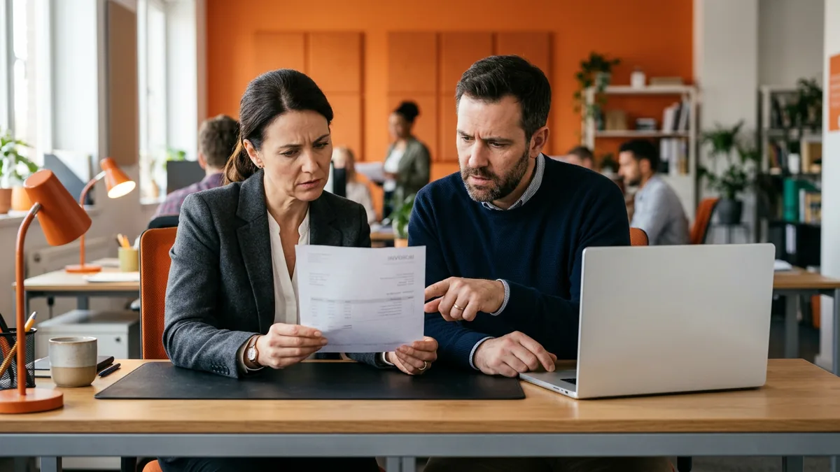 Finance controller and IT manager reviewing the monthly invoice for a legacy system still running a year after migration