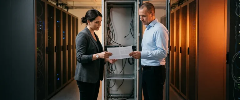 Finance controller and IT manager reviewing shutdown documentation beside an emptied server rack while decommissioning a legacy system