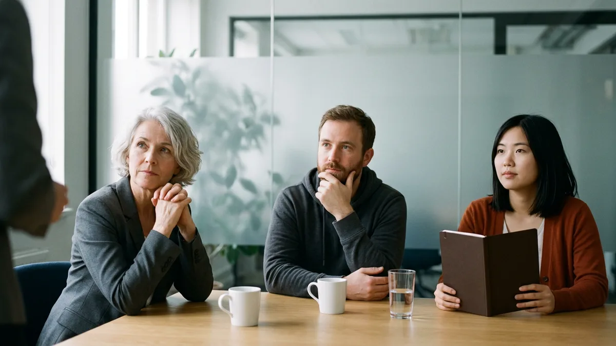 Three-person interview panel listening to a DevSecOps engineer candidate in a glass-walled meeting room
