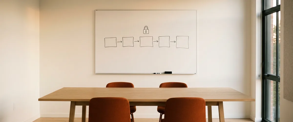 Empty meeting room with a whiteboard showing five connected boxes and a padlock sketch above a pale oak table and orange chairs