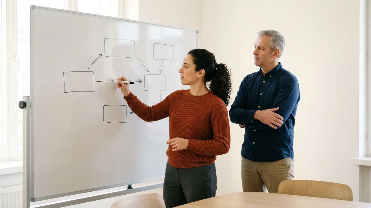 DevSecOps candidate in an orange sweater drawing pipeline boxes and arrows on a whiteboard while an interviewer watches