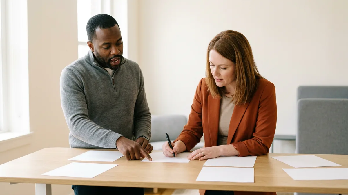 Hiring manager in an orange blazer and an engineer in a gray sweater marking up blank draft pages at a standing table