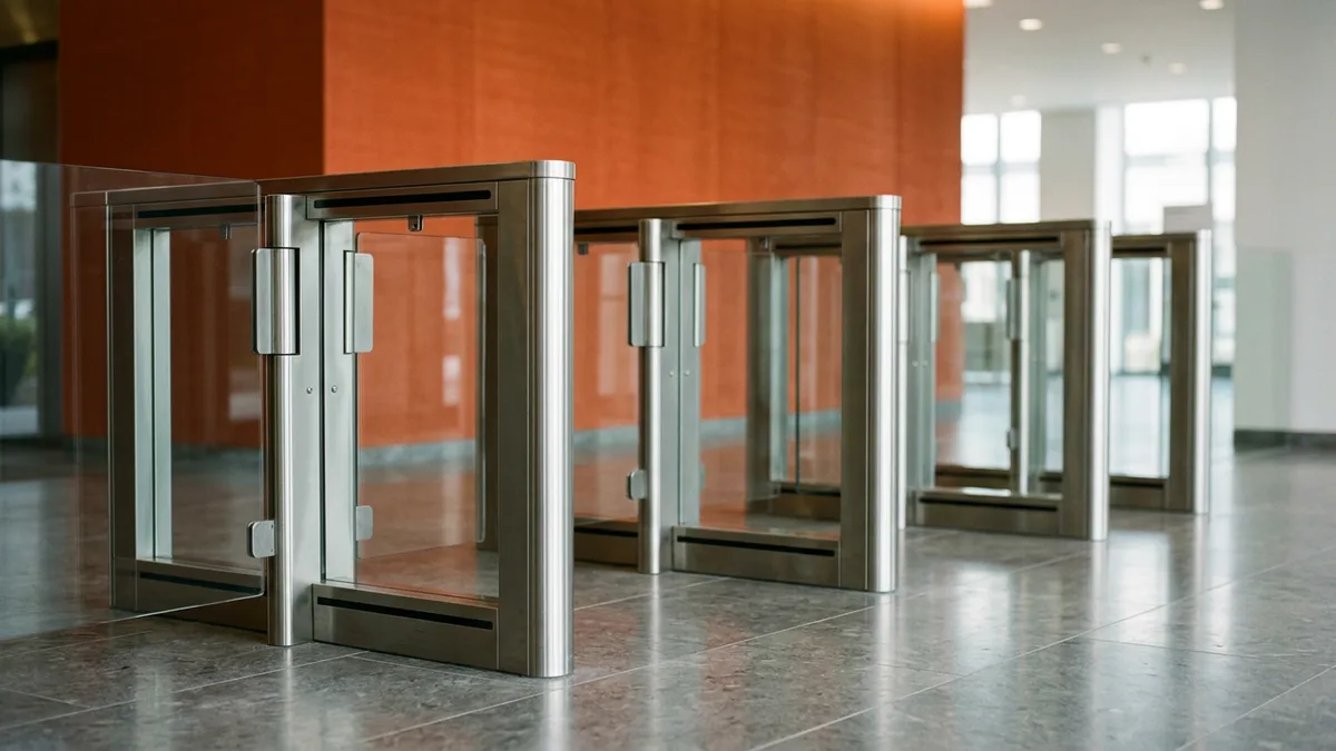 Row of brushed steel and glass security turnstile gates in an office lobby in front of an orange accent wall