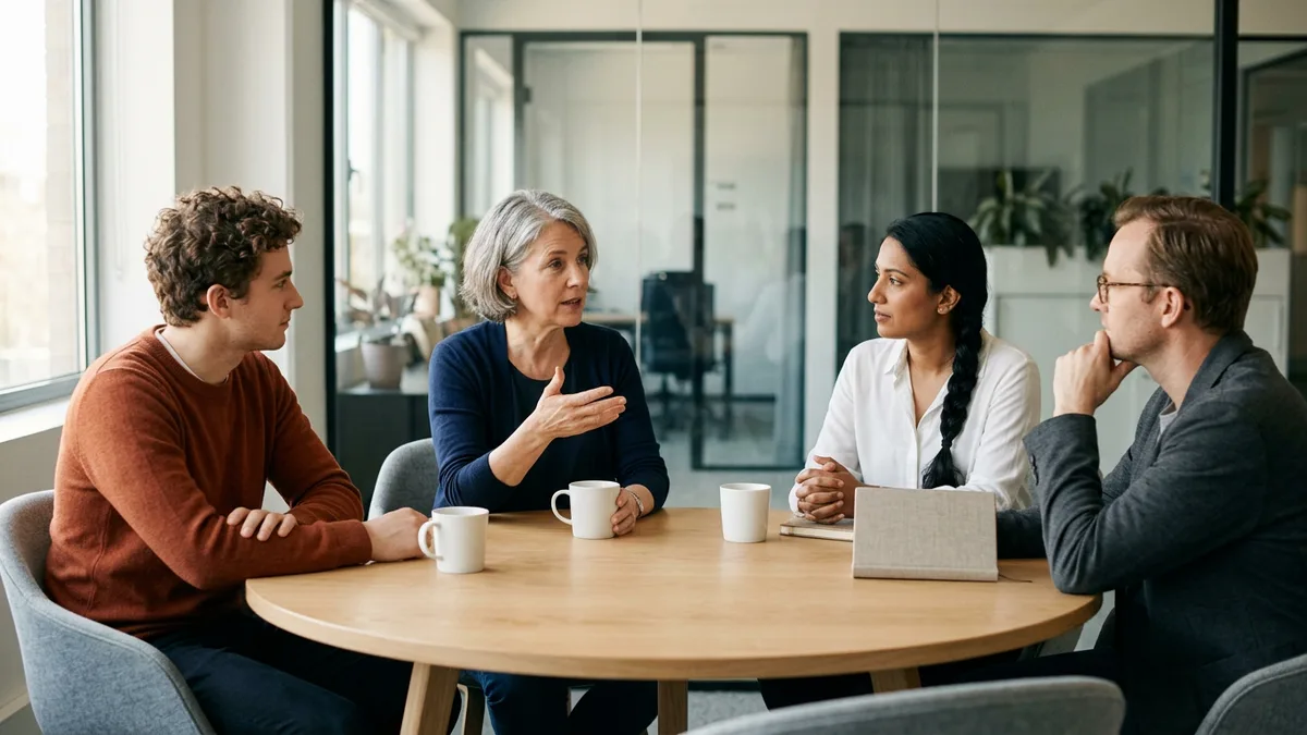 Four engineers around a round oak table discussing a DevSecOps hire, one in an orange sweater, in a glass-walled meeting room