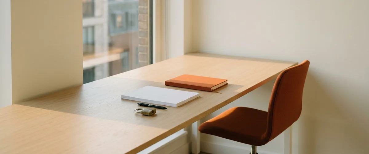 Pale oak desk by a window with a stack of blank paper, a black pen, a brass padlock, an orange notebook, and an orange chair