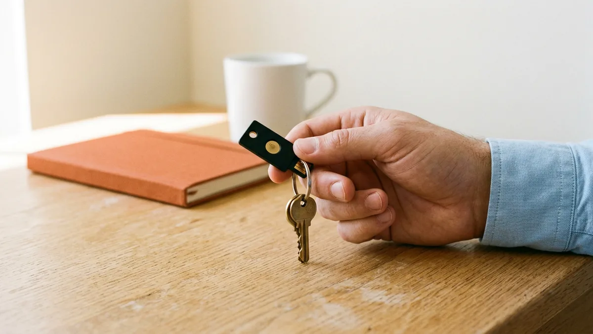 Hand holding a black hardware security key on a key ring above a desk with a coffee mug and an orange notebook