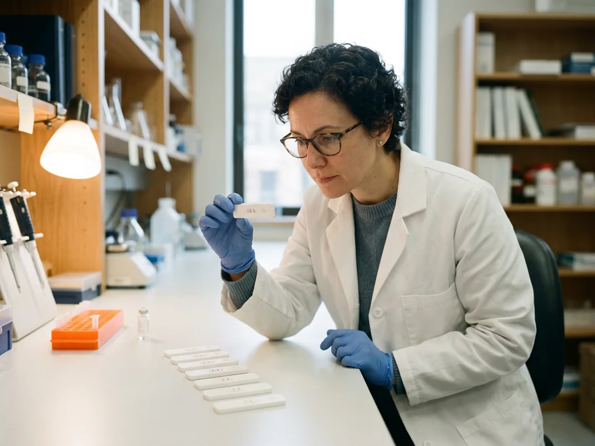 Assay development scientist in a lab coat and glasses reading a lateral flow test cassette held up in a gloved hand, a row of developed cassettes on the bench in front of her