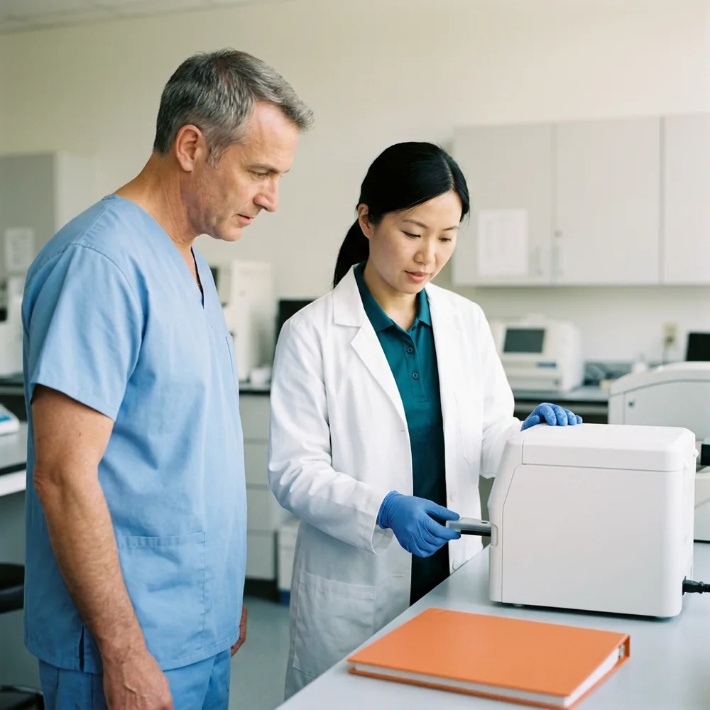Field application scientist in a teal polo and lab coat loading a test cartridge into a benchtop diagnostic instrument while a hospital lab technologist in blue scrubs watches