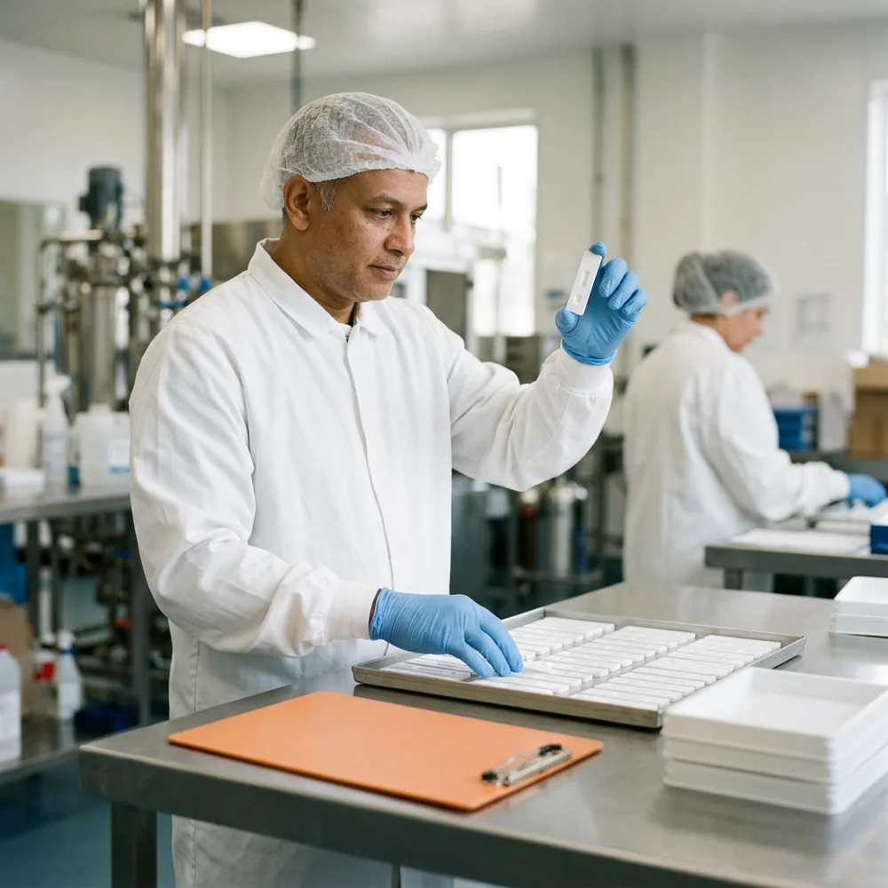 Quality inspector in a hair net and cleanroom coat lifting one lateral flow test cassette from a tray of finished cassettes at a diagnostics kit manufacturer