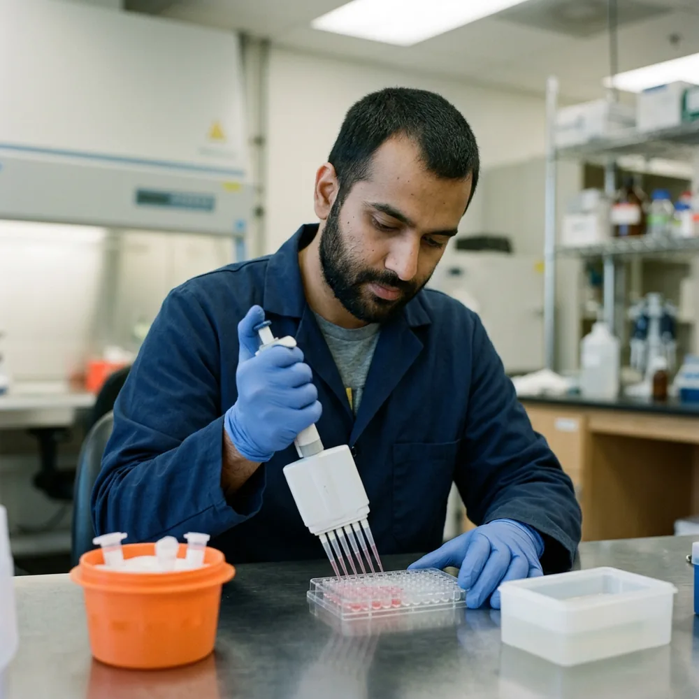 Research scientist in a navy lab coat dispensing pink liquid into a 96-well microplate with an eight-channel pipette while developing a new diagnostic test
