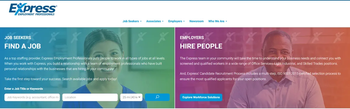 Express Employment Professionals homepage for franchise-based direct hire staffing