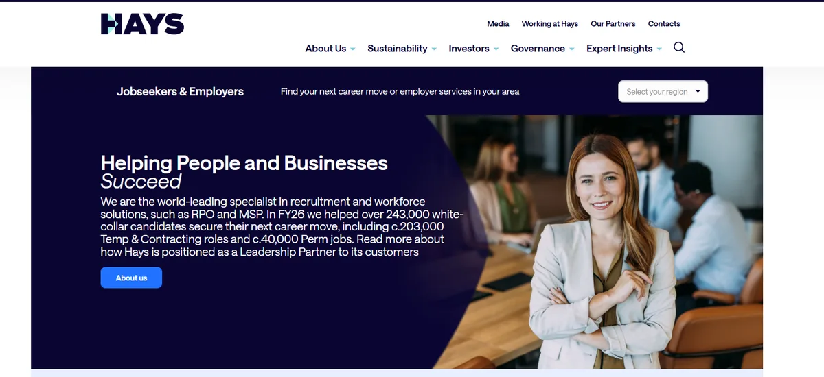 Hays plc homepage reporting its FY26 permanent and temporary placement totals