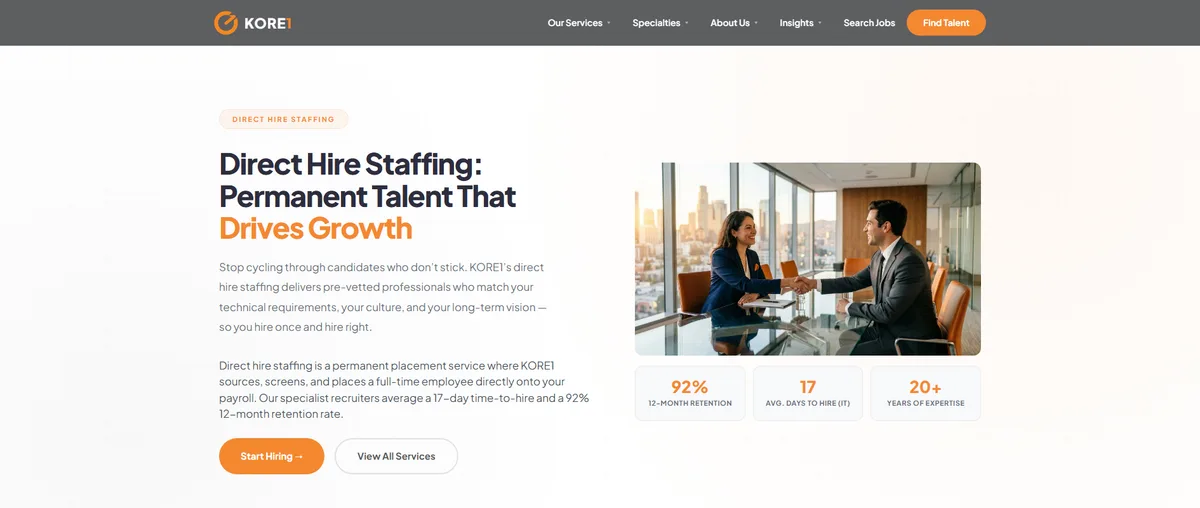 KORE1 direct hire staffing page listing 92% 12-month retention and a 17-day average IT time to hire