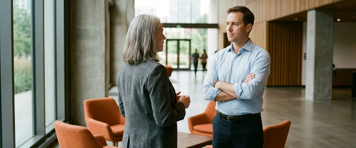 Recruiter and hiring manager in an office lobby discussing a direct hire search