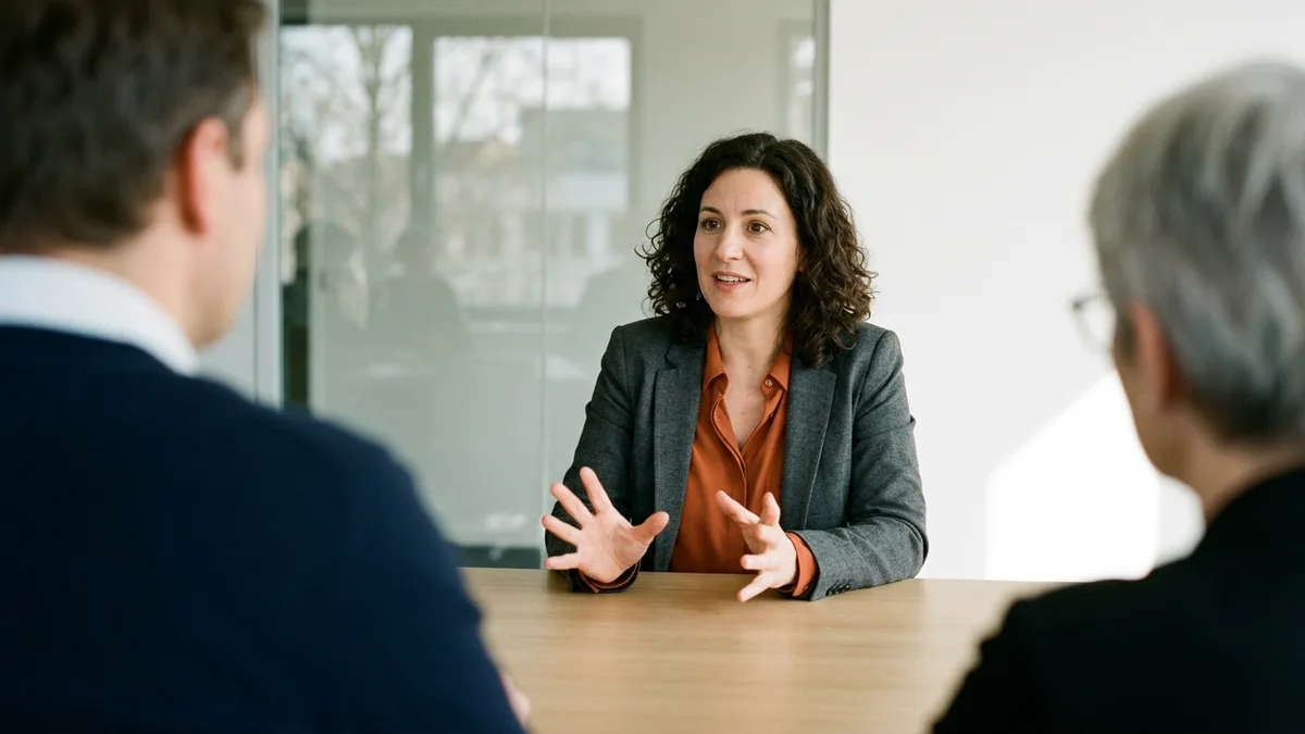 Director of product candidate with dark curly hair in a gray blazer and rust blouse gesturing as she answers two interviewers across a conference table