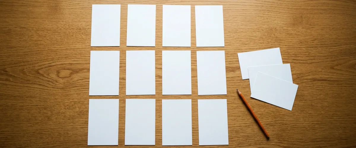 Twelve blank white index cards arranged in four columns on an oak table, with three cards set aside in a loose pile next to an orange pencil