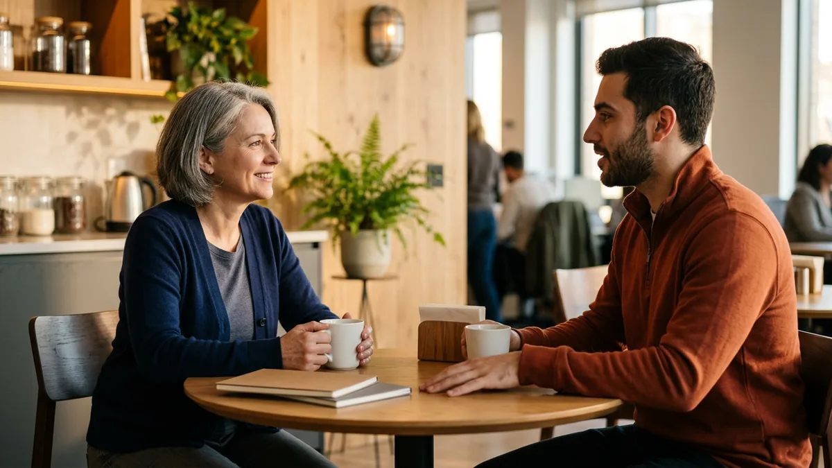 Gray-haired woman in a navy cardigan holding a coffee mug and smiling at a younger man in an orange quarter-zip during a one-on-one at a round cafe table
