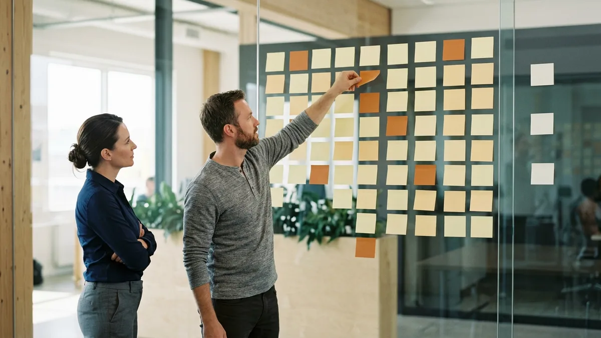 Bearded man in a gray henley moving an orange sticky note on a glass wall of blank yellow and orange notes while a woman in a navy shirt watches