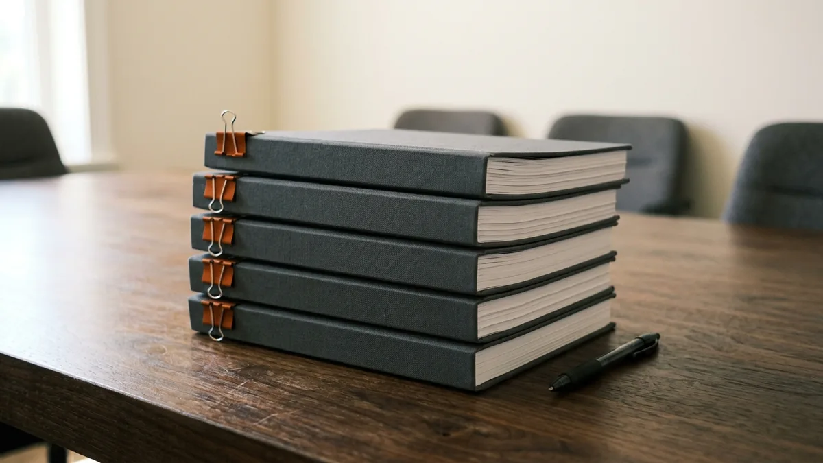 Stack of five gray bound documents held with orange binder clips beside a black pen on a walnut conference table