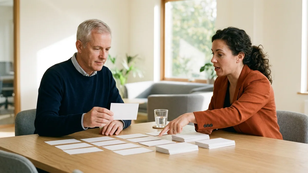 CEO in a navy sweater and a product director in an orange blazer sorting blank index cards into piles on an oak table