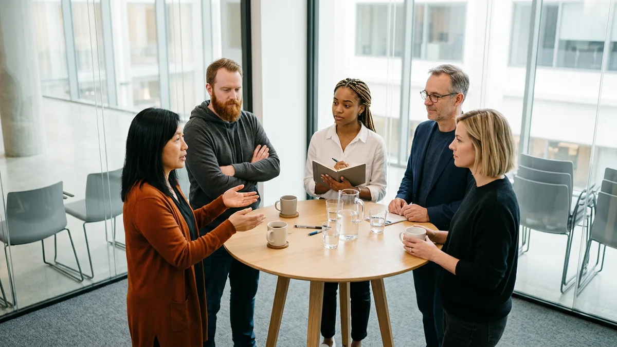 Five-person product team standing around a tall round table in a glass-walled room, listening to a director in an orange cardigan