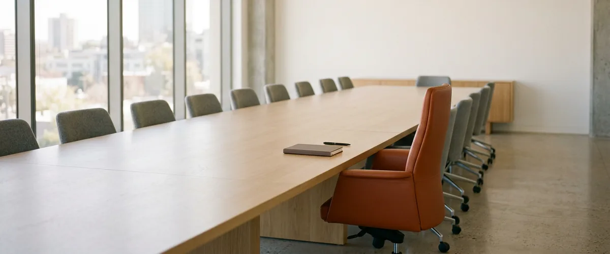 Empty boardroom with a long oak table, gray chairs, and an orange leather chair at the head beside a closed notebook and pen