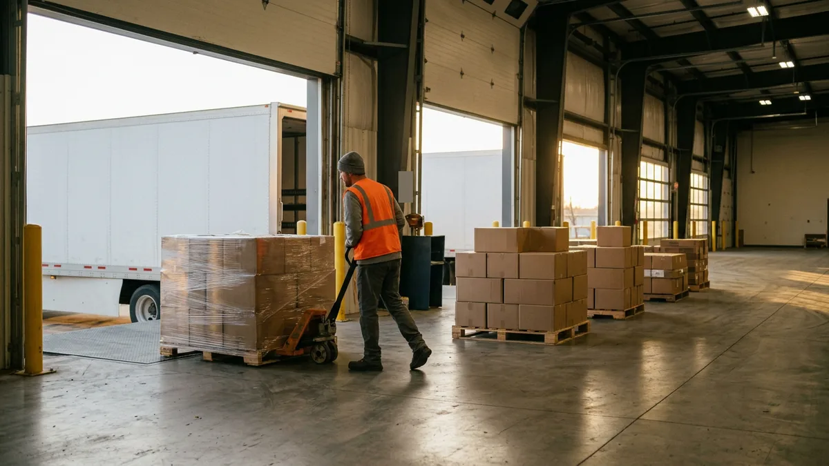 Warehouse worker pulling a pallet of cases toward a trailer at a distributor loading dock
