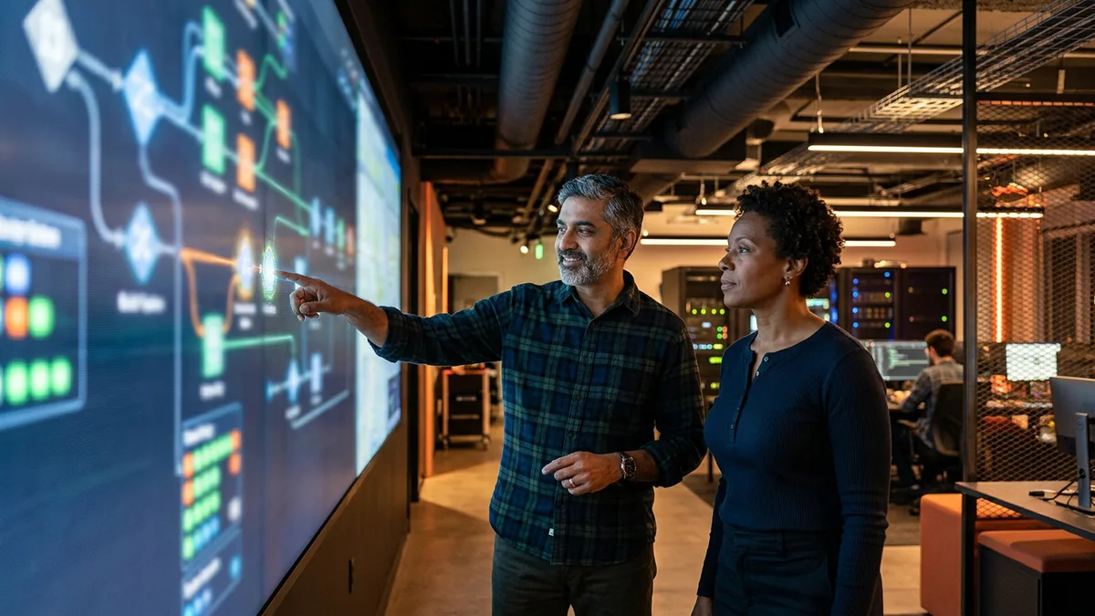 Two platform engineers pointing at a wall display of a CI build pipeline during a .NET 10 framework retarget