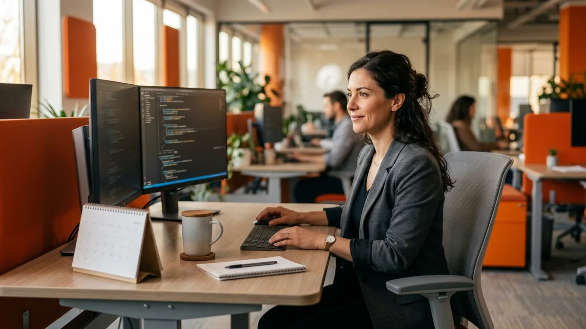 Engineering manager at a desk with two monitors and a desk calendar, scoping the .NET 8 to .NET 10 upgrade deadline