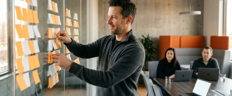VP of Engineering grouping orange and white sticky notes on a glass wall while planning a .NET 8 end of life upgrade