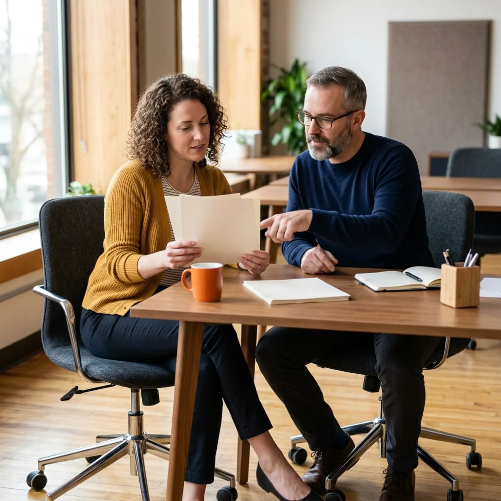 Company controller and a contract ERP consultant sitting together at her desk reviewing a printed month-end checklist