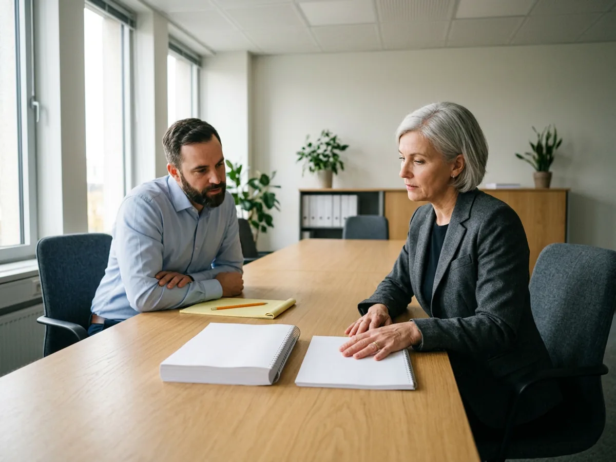 Chief financial officer comparing a thick and a thin implementation proposal side by side at a conference table while an ERP advisor listens