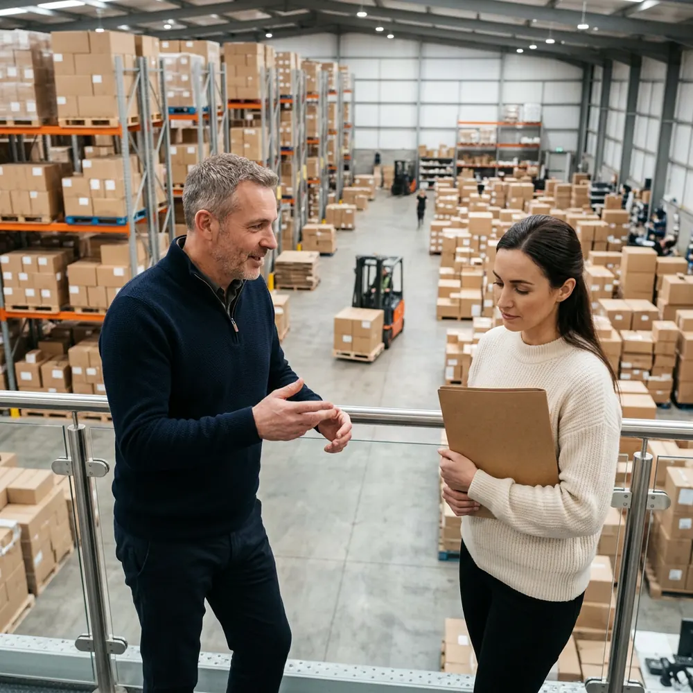 Operations director and a controller talking at a mezzanine railing above a distribution warehouse with pallet racking and an orange forklift