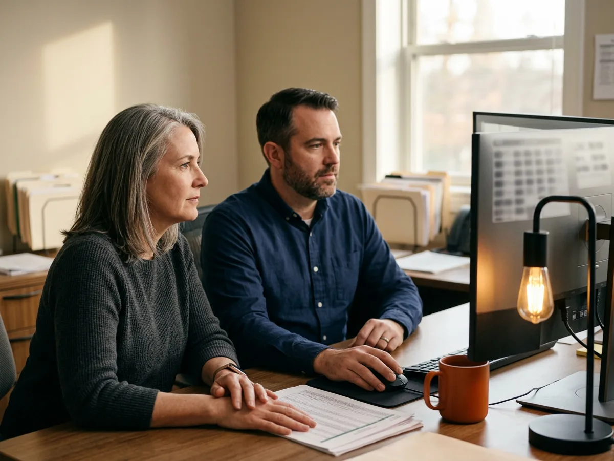 A company controller and a contract systems administrator sitting side by side at a desk reviewing an accounting system on a desktop monitor, an orange mug and printed spreadsheets between them