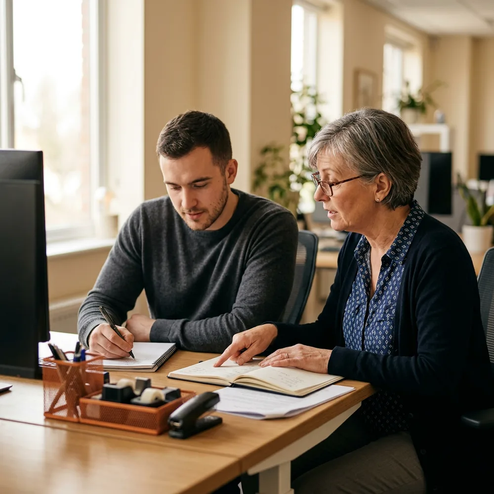 A long-tenured assistant controller explaining a legacy accounting customization to a younger contract developer taking notes beside her at a shared desk