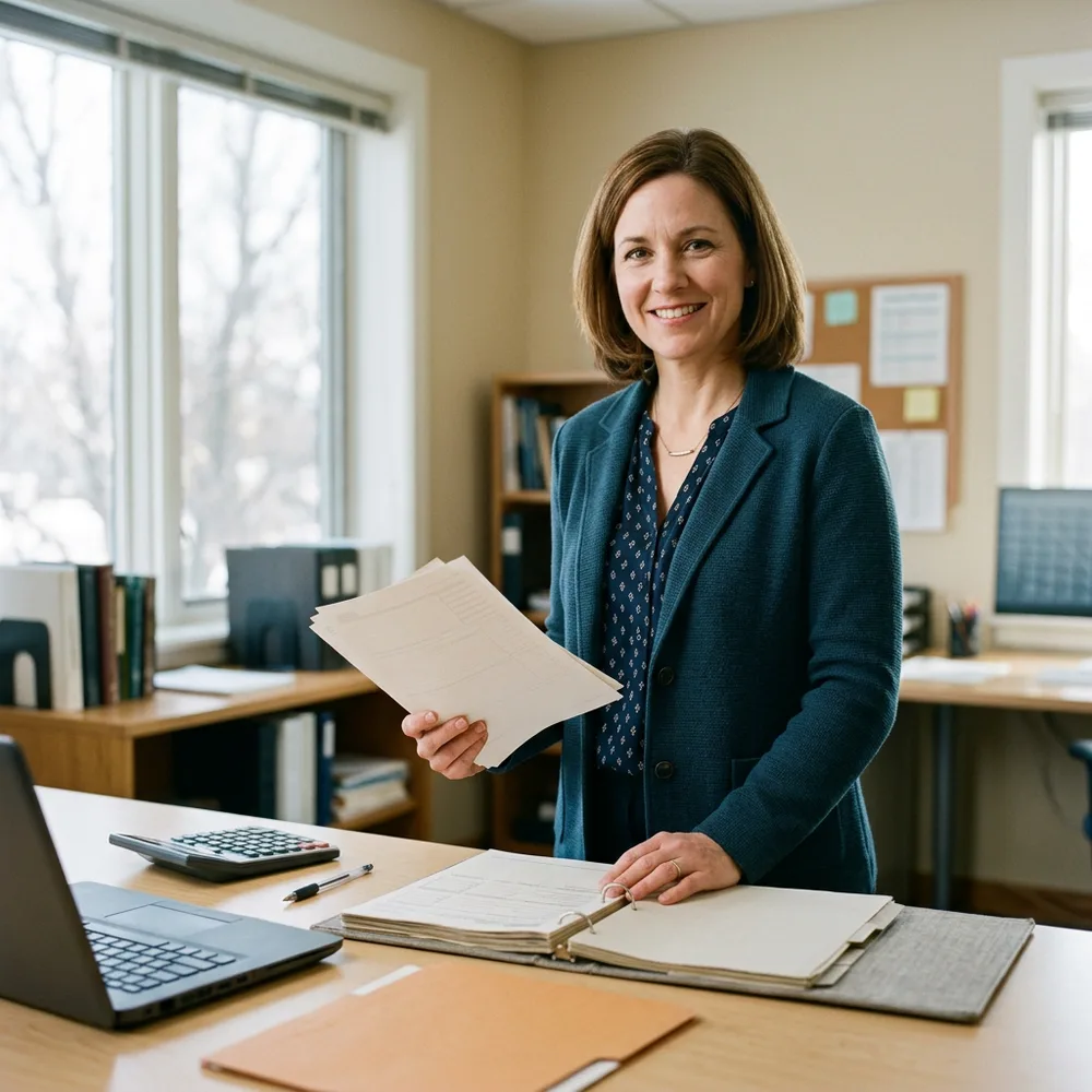 A payroll manager standing at a desk in winter daylight holding a stack of blank printed tax forms beside a calculator and an orange folder