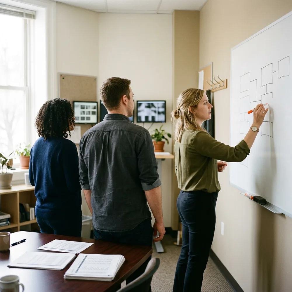 Three colleagues standing at a whiteboard mapping out an ERP system inventory, one holding an orange marker, printed inventory sheets on the table in front of them