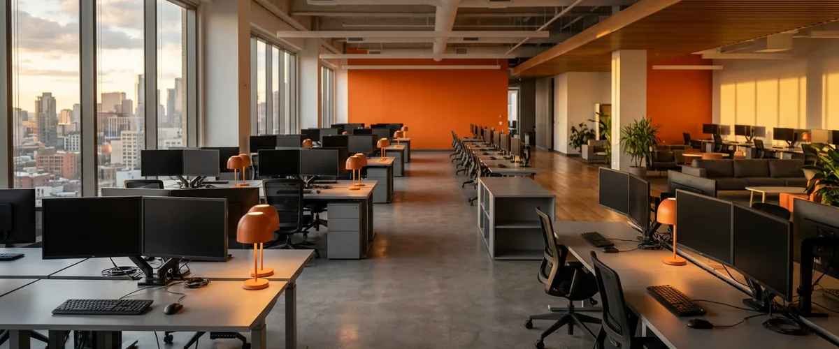 Empty open-plan game studio floor at sunset with dark monitors, pushed-in chairs, and orange desk lamps still lit