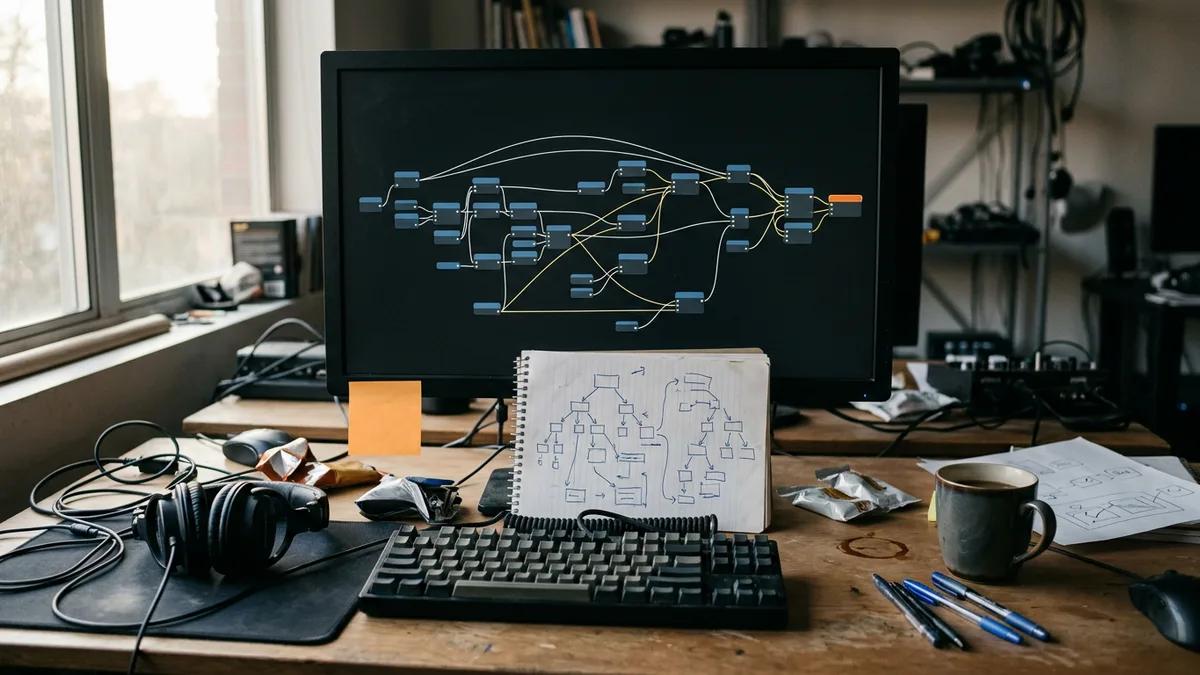 Cluttered game designer desk with a monitor showing a branching dialogue-tree editor, a notebook with a hand-drawn flowchart, headphones, and a coffee mug